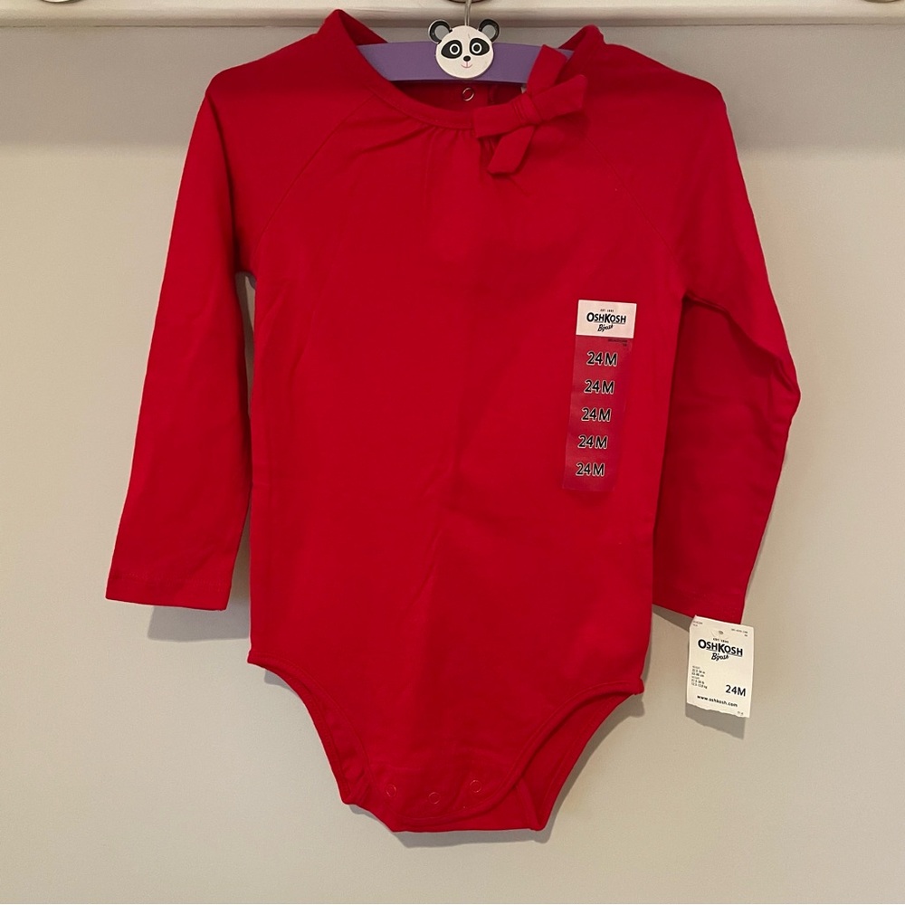 NWT OshKosh B'gosh Vibrant Red Long Sleeve Onesie with Bow Accent Snap Closure